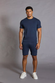 Men’s navy shorts with elastic waist, front view